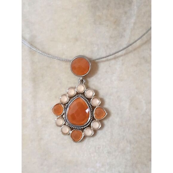 Vintage Napier Gold Tone Pendant Necklace Orange Resin Cabochons Retro Statement - Picture 2 of 4